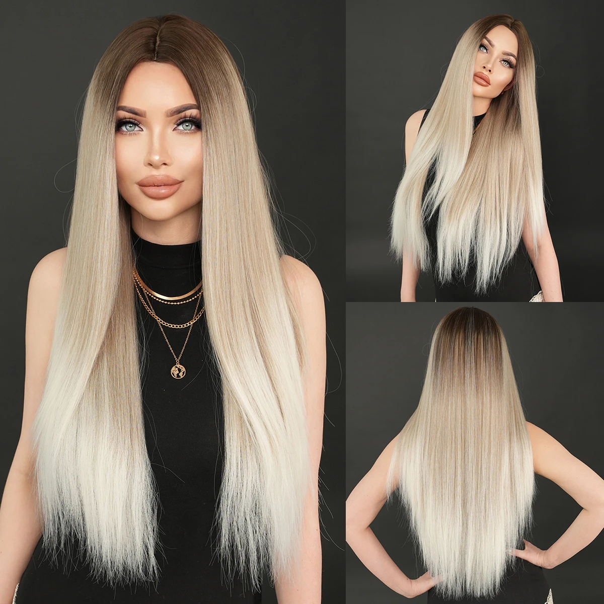 NAMM Long Straight Light Brown ﻿Wig Gradient Ash For Women Dark Roots Daily Party Heat Resistant Synthetic Wigs Mid Split Wig