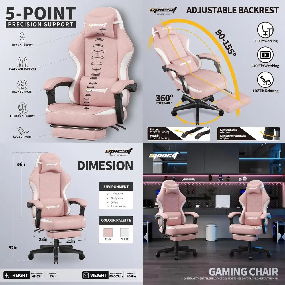 

Эргономичное игровое кресло с пневматической подушкой, регулировкой высоты, поясничной опорой и подставкой для ног для взрослых, розовое