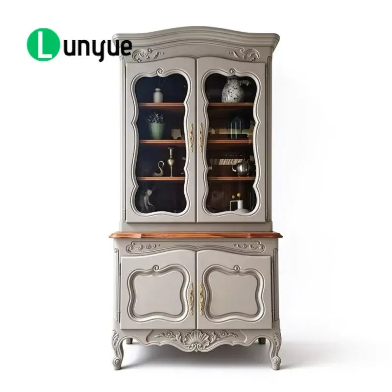 French Retro Carved Glass Door Dining Side Cabinet European Style Floor Display Storage Furniture Customizable for Living