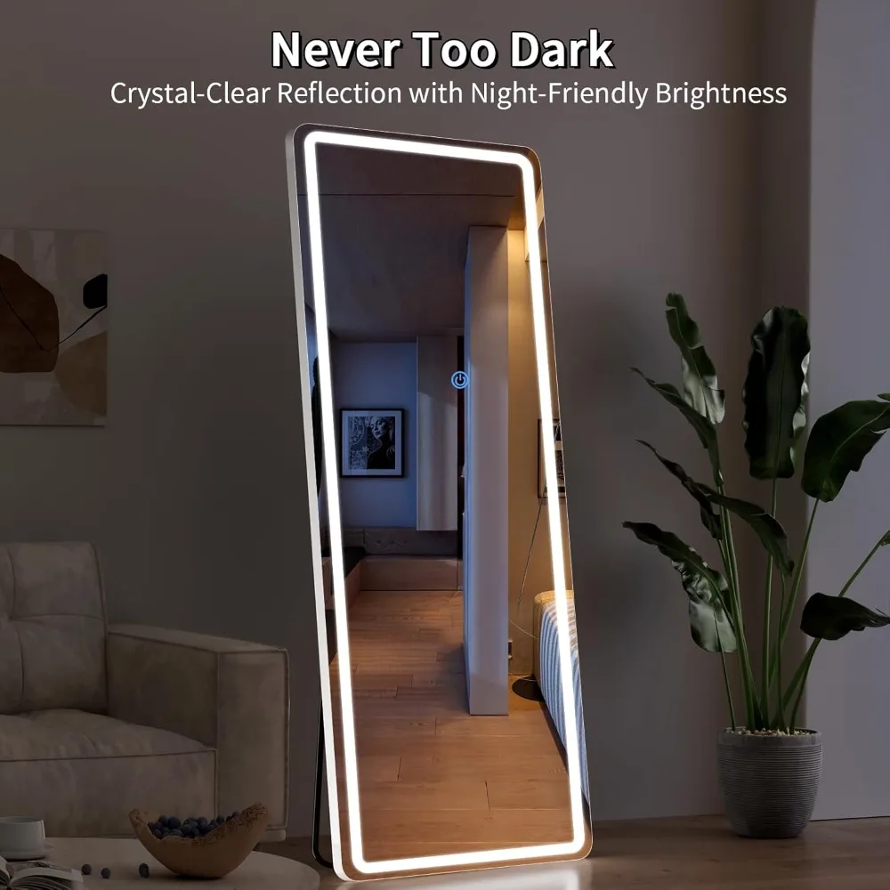 Espelho de comprimento total iluminado por LED com escurecimento e 3 opções de cores, espelho grande de 68x26 polegadas para quarto e vestiário