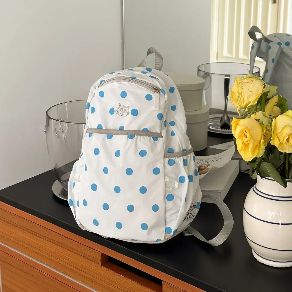 Cute Sweet Polka Dot Backpack Minimalist Embroidered Cat Nylon Rucksack Large Capacity Durable Student School Bag Daily