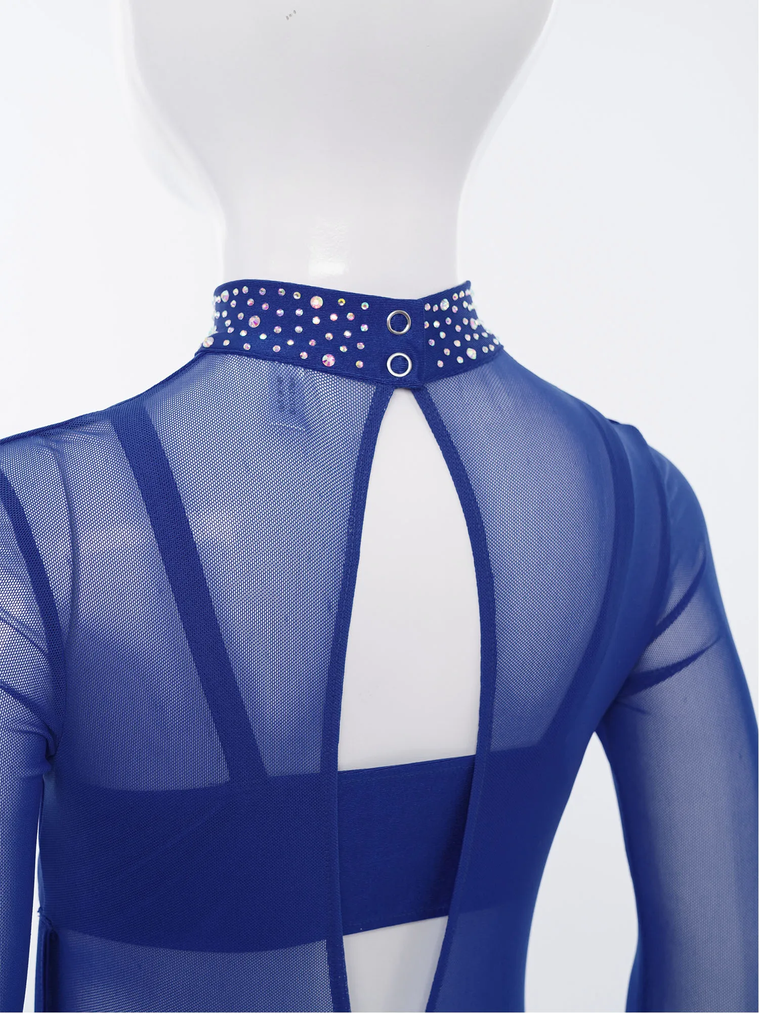 Traje de patinaje artístico para niñas, Ballet, danza, gimnasia, acrobacias, leotardo de Yoga, mono de malla transparente con diamantes de imitación brillantes de manga larga