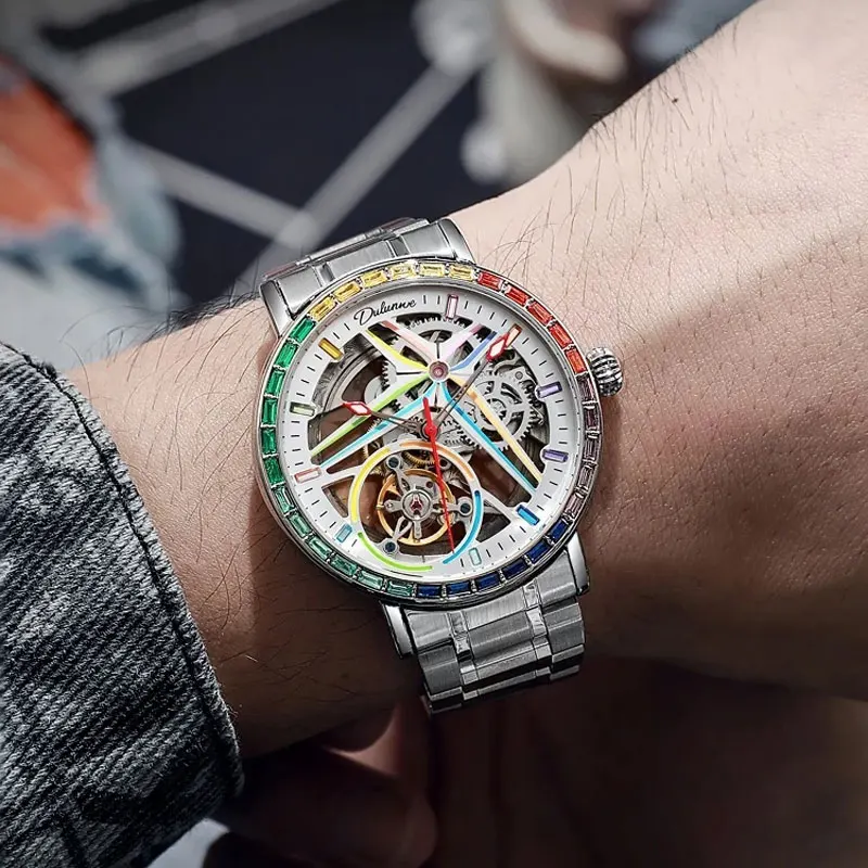 DULUNWE New Men's Top Brand Watch 3ATM All Steel Waterproof Automatic Mechanical Skeleton Design Tourbillon Luminous Men's Watch