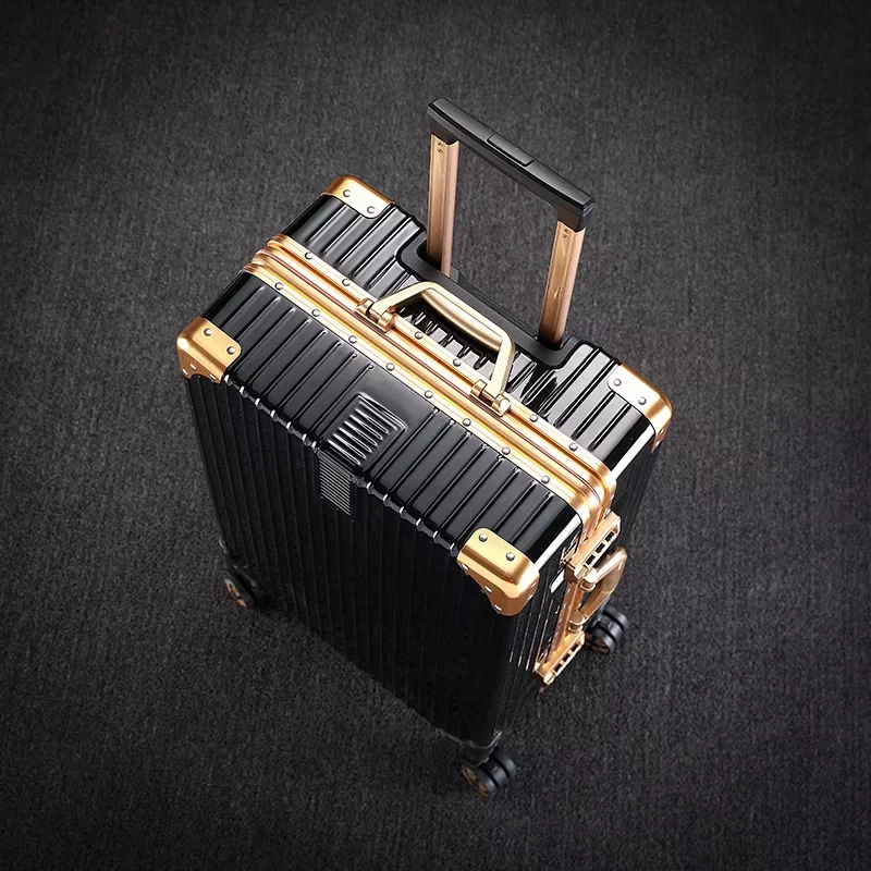

2026 New Luxury Fashion Suitcase 26 inch Lockable Leather Luggage Travel Trolley Case Gold Edged Aluminum Frame