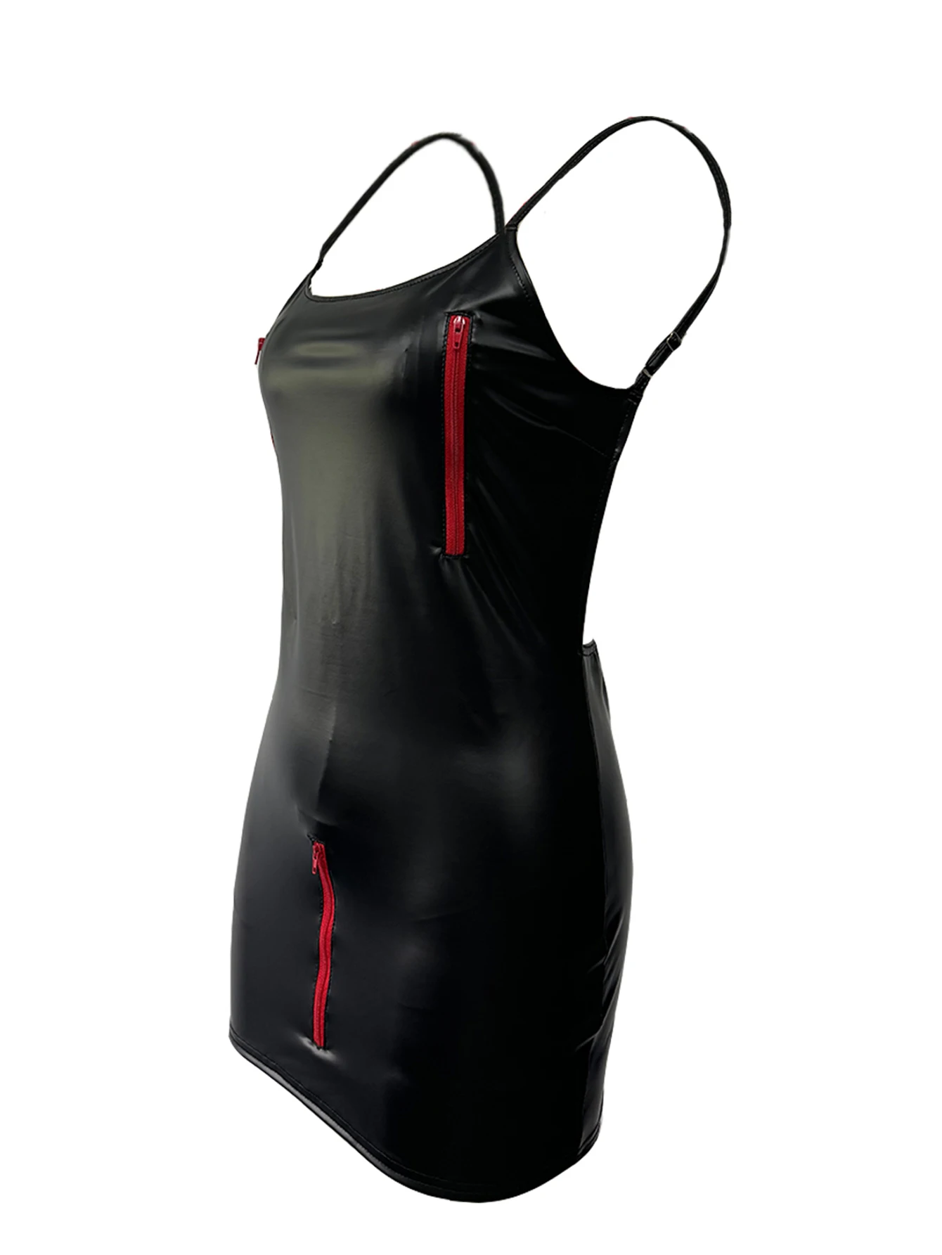 Seksowna sukienka bez pleców ze sztucznej skóry, sukienka z wieloma zamkami błyskawicznymi, sukienka na ramiączkach spaghetti, odzież klubowa do tańca na rurze, koszula nocna, letnia odzież damska