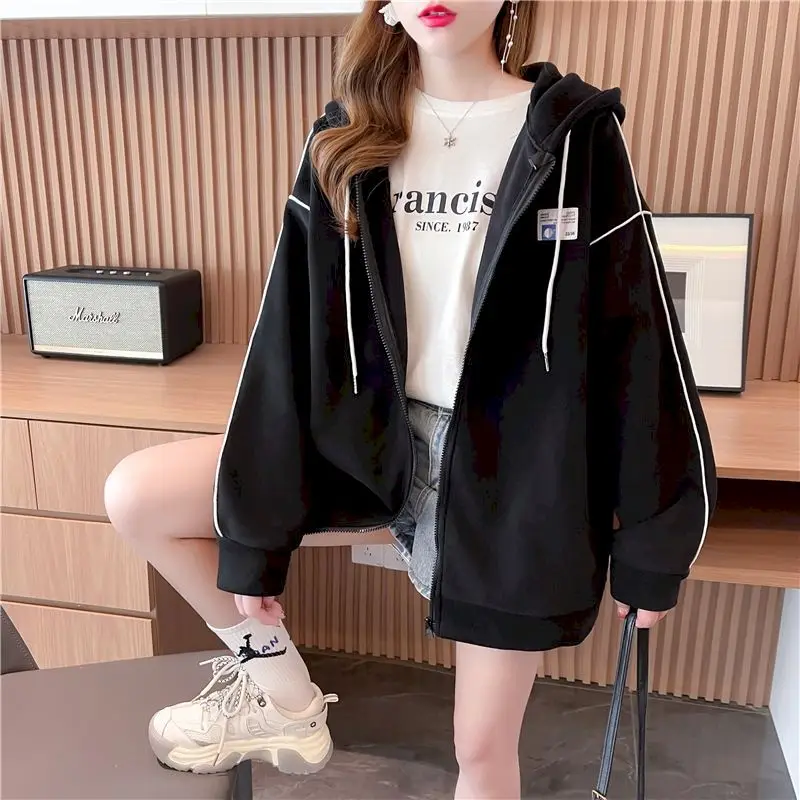 Casual Hoodies Women Autumn Winter Trendy Plush Thicken Hooded Jacket Loose Solid Color Zip Up Hoodie Aesthetic Coat Y2k Clothes