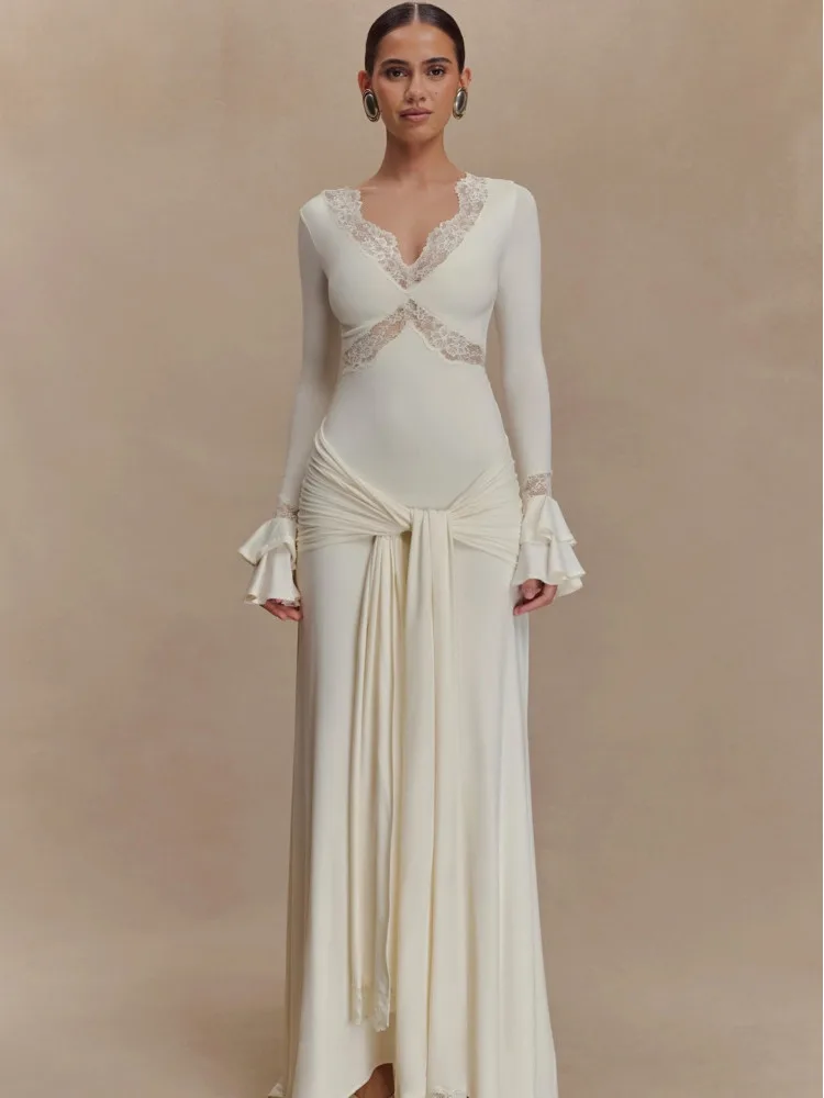 Articat elegante manga longa renda retalhos estiramento apertado vestido longo feminino sexy com decote em v bodycon festa vestido de noite outono new2025