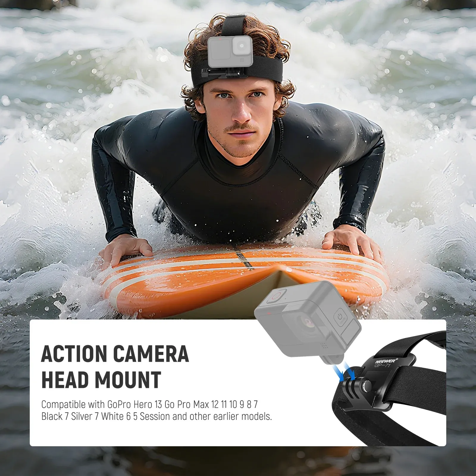 NEEWER GP-71 Adjustable Comfort Head Strap Camera Mount Holder Fit GoPro DJI Insta360 All Sports Action Cameras