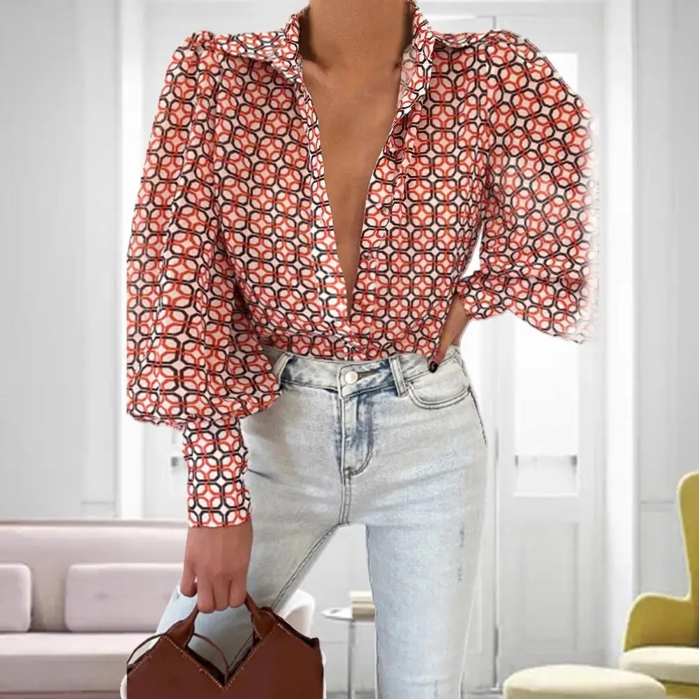 Camisa feminina manga lanterna floral impressão vintage camisa das senhoras roupas femininas top sexy turn-down collar único breasted largas punhos