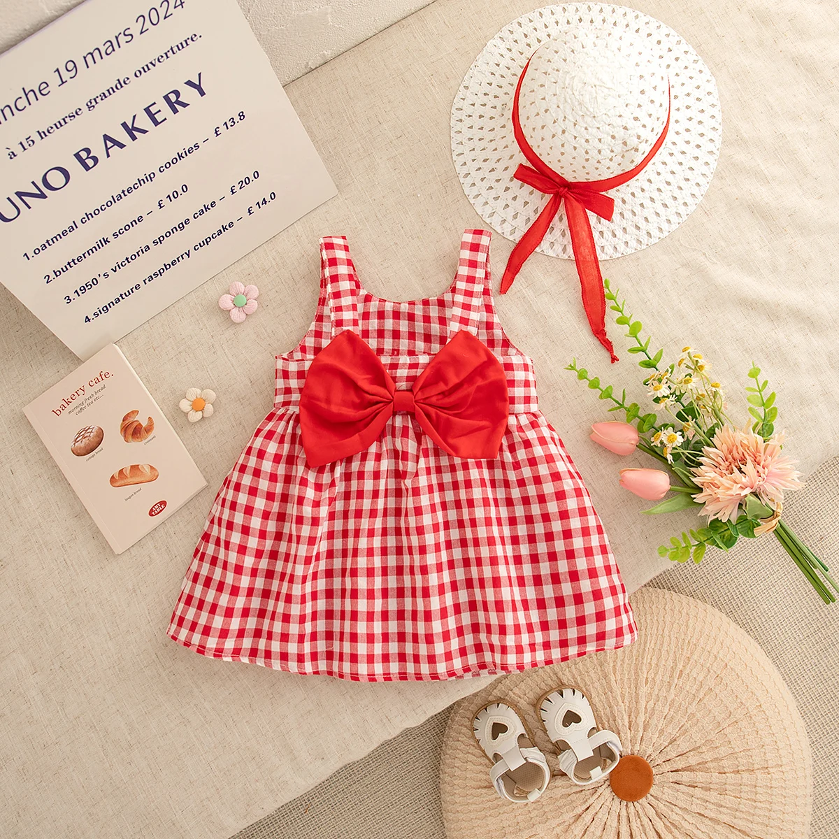 Baby Girl Dress Summer Bow And Full Printed Plaid Striped Halter Girl Dress Cute Casual Beach Girl Kid's Dress With Hat