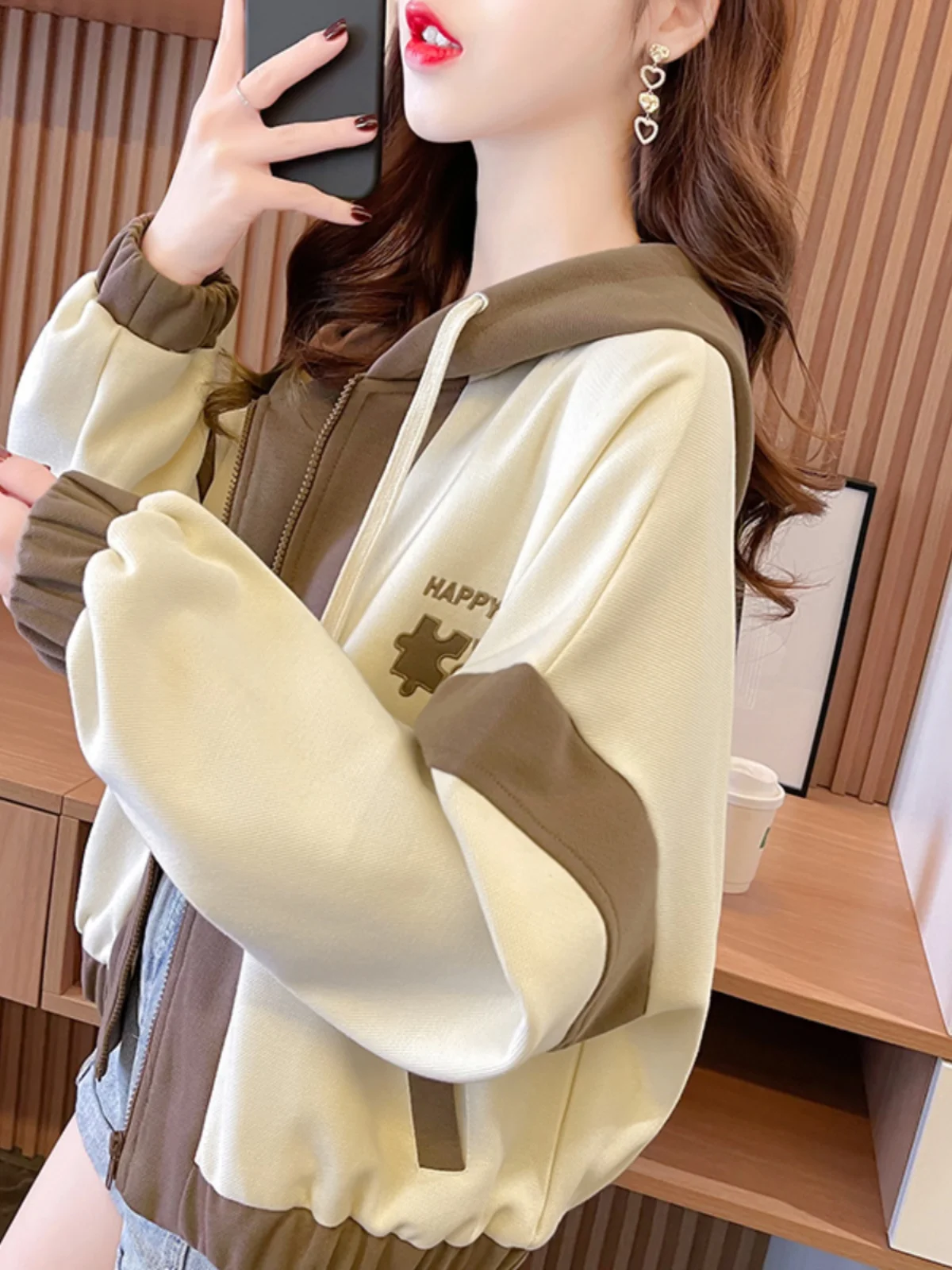 Chic Short Loose Fit Hoodie Women's Spring Autumn Color Block Jacket Korean Style Commute Wind Zipper Sleeve Long Cotton Inner