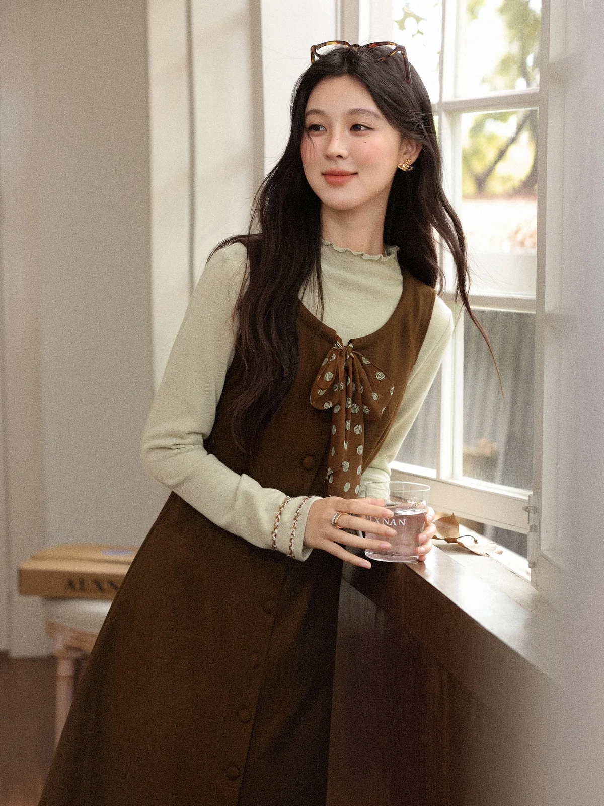 

Slim Fit Long Tea Cacao Vest Dr Women's Autumn New Sle Casual round Ne mid Waist A-Line Skirt Bal Dr
