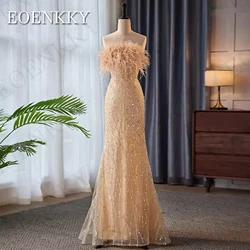 Sequin Luxury Mermaid Evening Dress Arabic Strapless Feathers Beading Banquet Party Dresses vestidos de fiestas elegantes mujer