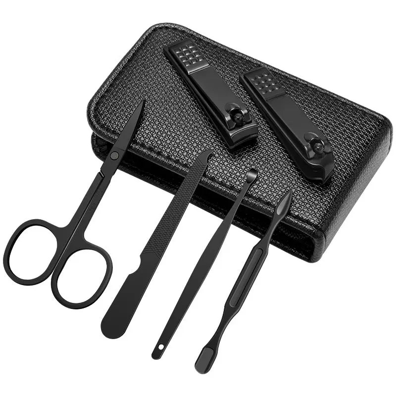 Green 6 Pcs Portable Luxury Manicure Sets Pedicure Kits Bright Black Nail Clipper Set Personal Care Tools Eyebrow Scissors