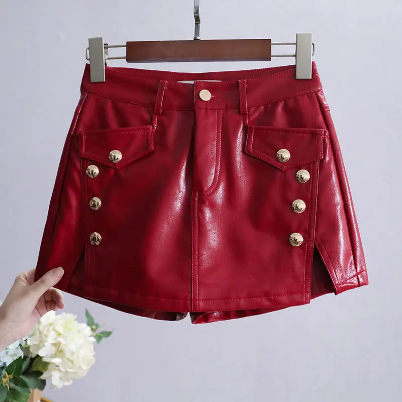 2023 Fashion Leather Skirts Shorts Women High Waist Wide Leg Red Black Shorts Streetwear Sexy Biker Shorts bootie shorts grunge