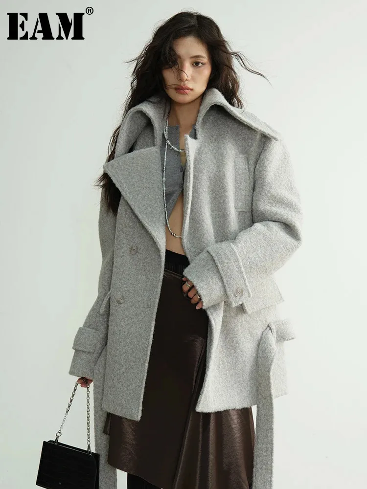 [EAM] Gray Shaped Big Size Elegant Long Woolen Coat New Lapel Long Sleeve Women Jacket Fashion Tide Autumn Winter 2025 1DH8261