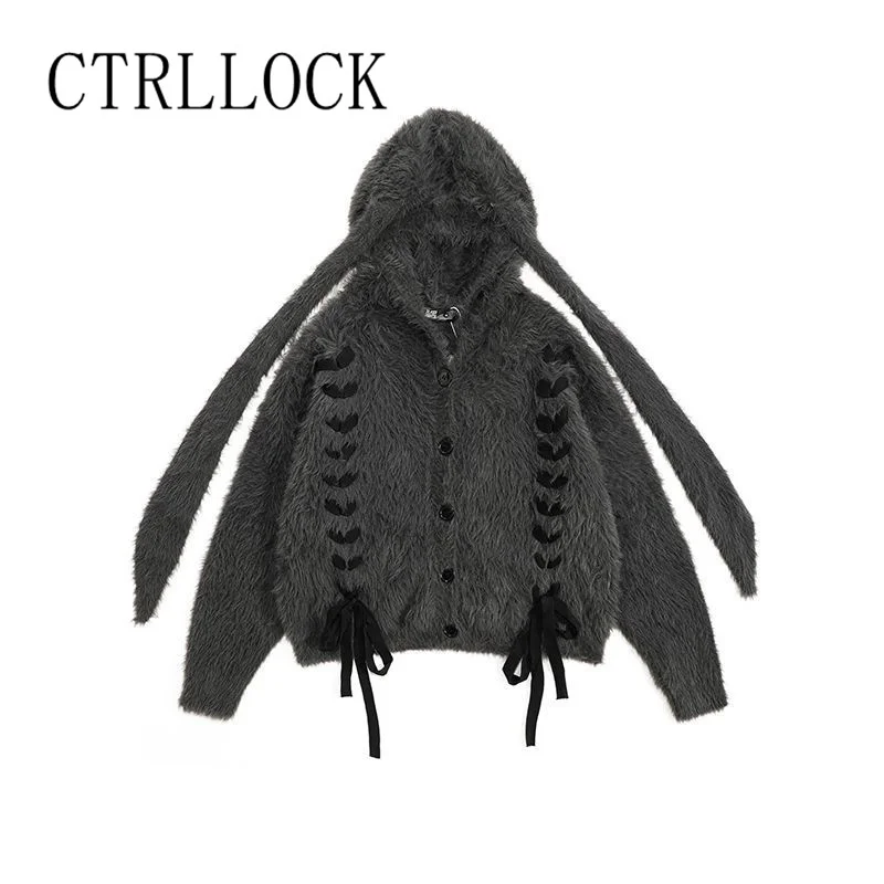 Gothic Streetwear Women's Cute Loose Ears Long Sleeve Sweater Cardigan Lace-up Zipper Knitted Hooded Jacket