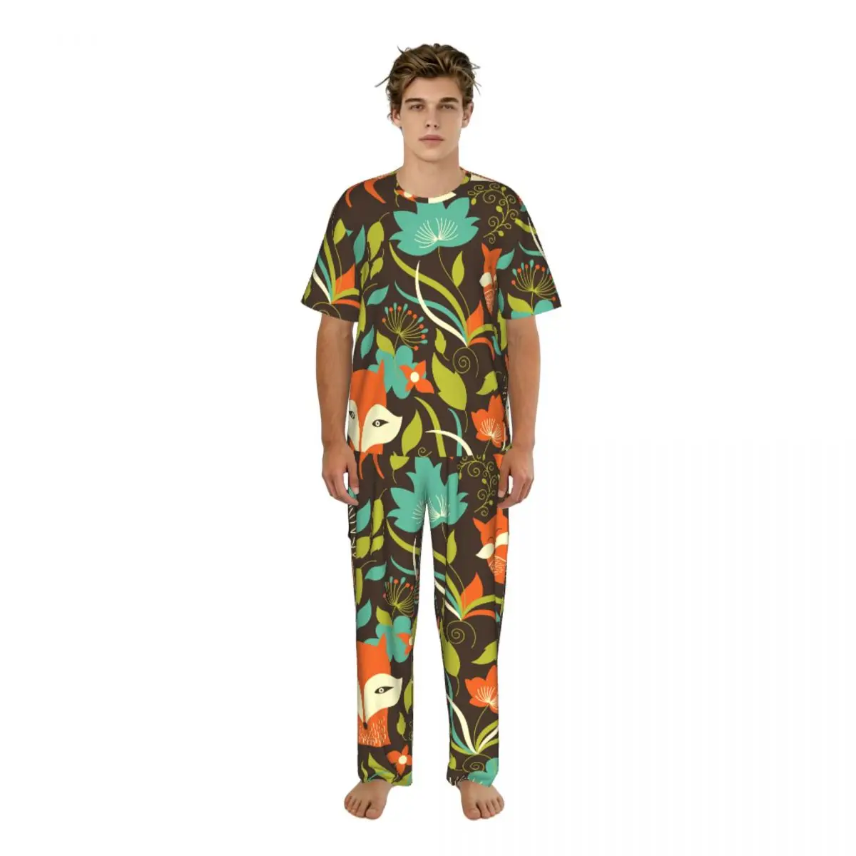 Men Pajamas Set Fox Patern Short Sleeve Spring Summer Lounge Sleepwear Male Nightwear