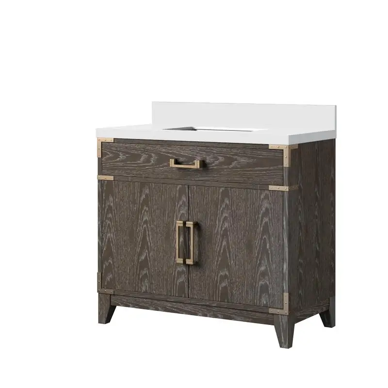 Vanity da bagno singolo in quercia marrone da 36 pollici con piano in marmo coltivato, profondità 22", design moderno per bagni eleganti