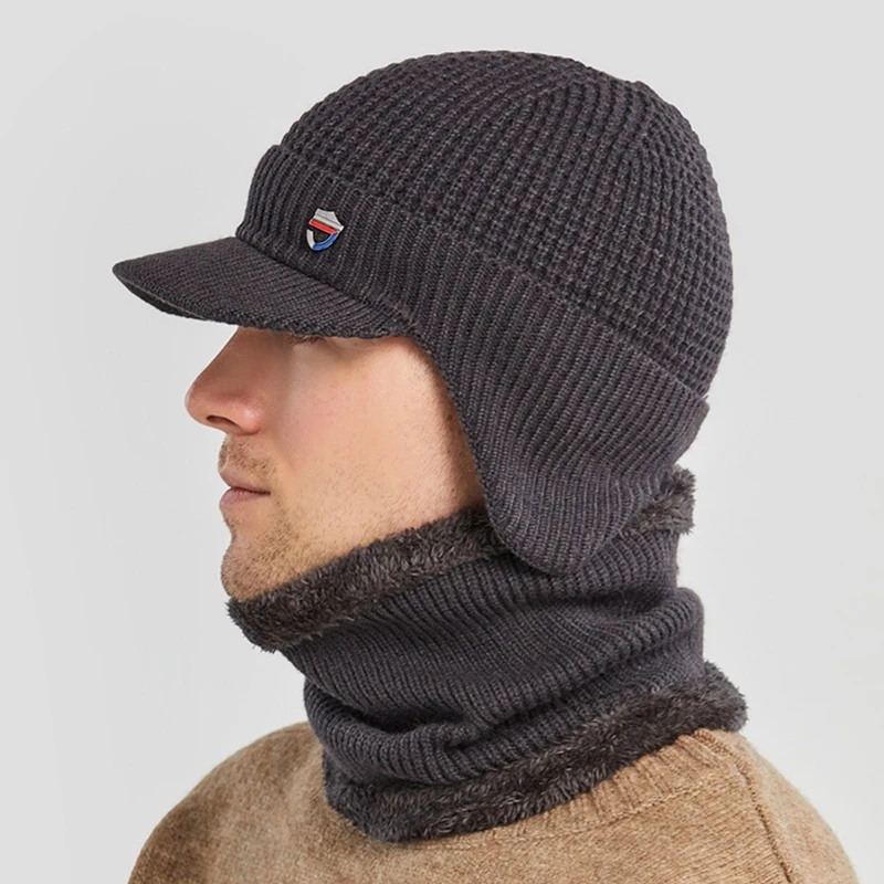 Gorro invierno para hombre, conjunto bufanda circular, tejido cálido, forro grueso, gorro holgado con orejeras,