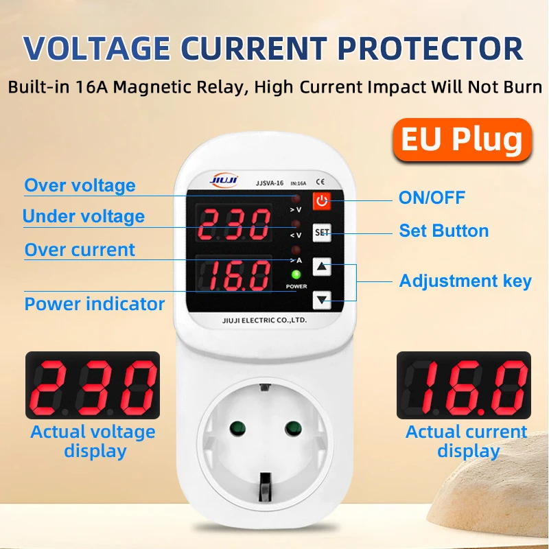 

Автоматическая розетка для защиты от напряжения и тока, многофункциональная розетка переменного тока, 220 В, регулируемая, 1–16 А, сетевая вилка европейского стандарта, безопасная защита