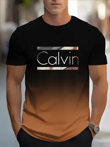 T-shirt décontracté à manches courtes pour hommes avec imprimé monogramme Bold CALVIN – Design dégradé bleu et blanc, coupe régulière, col rond