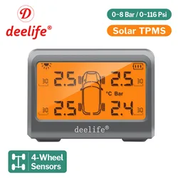 Deelife-sistema de supervisión de presión de neumáticos Solar TPMS para coche, con batería de neumático de 4 ruedas, sensores externos internos reemplazables, TMPS