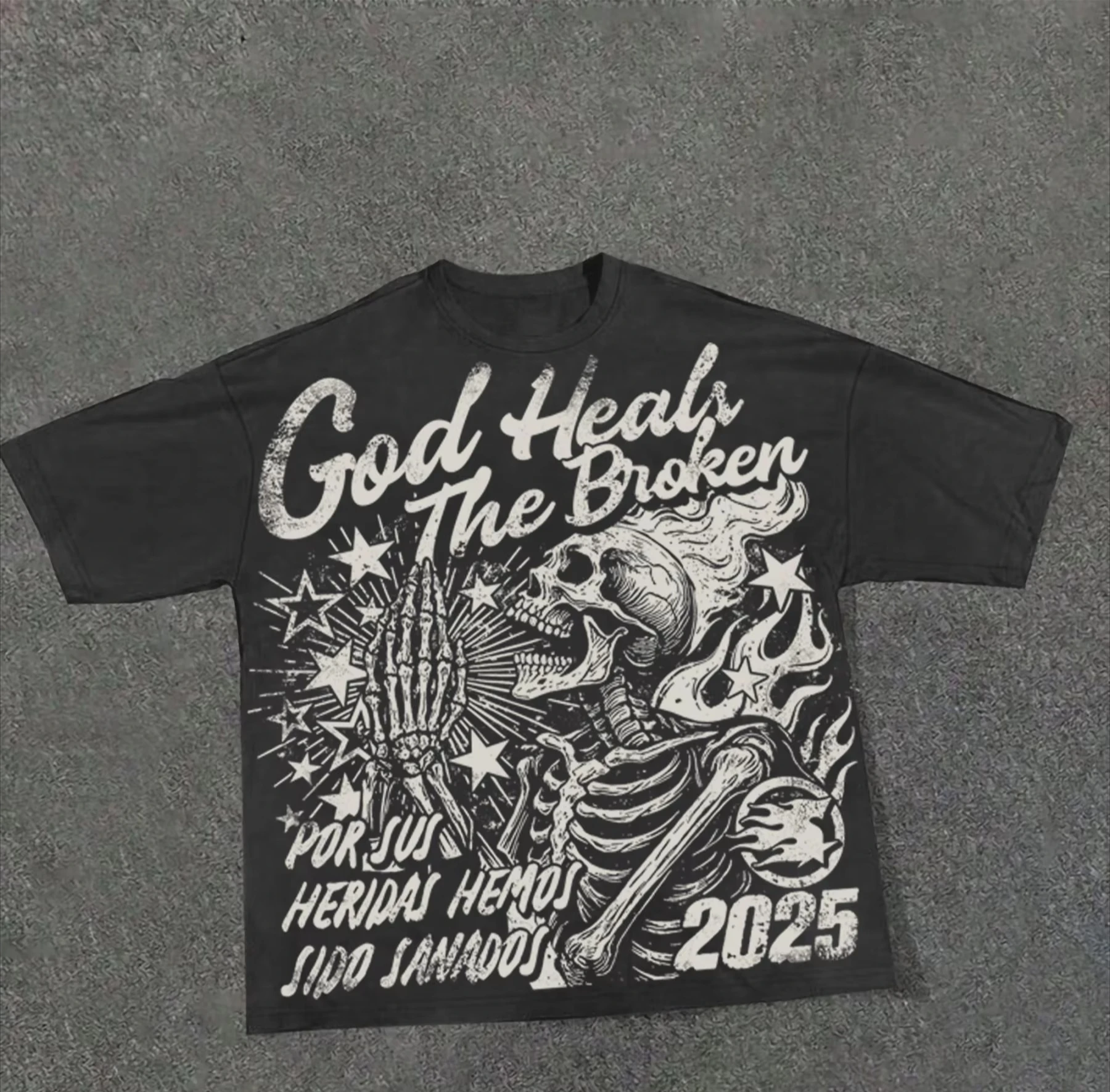 2026Vintage Skull Street T‑Shirt Kids Adults Y2K Aesthetic Skeleton Prayer Graphic Print Oversized Short Sleeve Casual Daily Tee