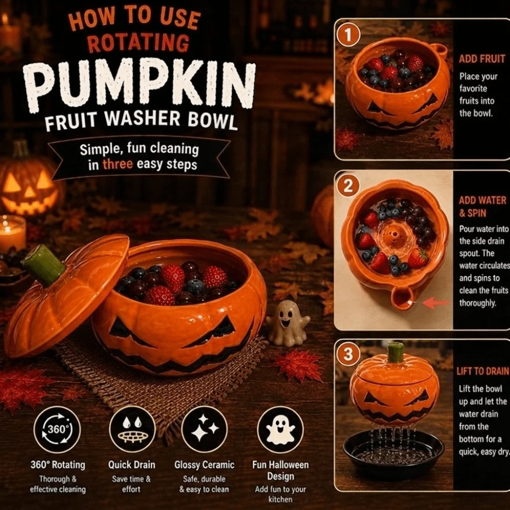 Ceramic Pumpkin Shaped Fruit Washing Bowl Large Capacity Self-spinning Berry Cleaning Basin 360° Rotating Quick Drain