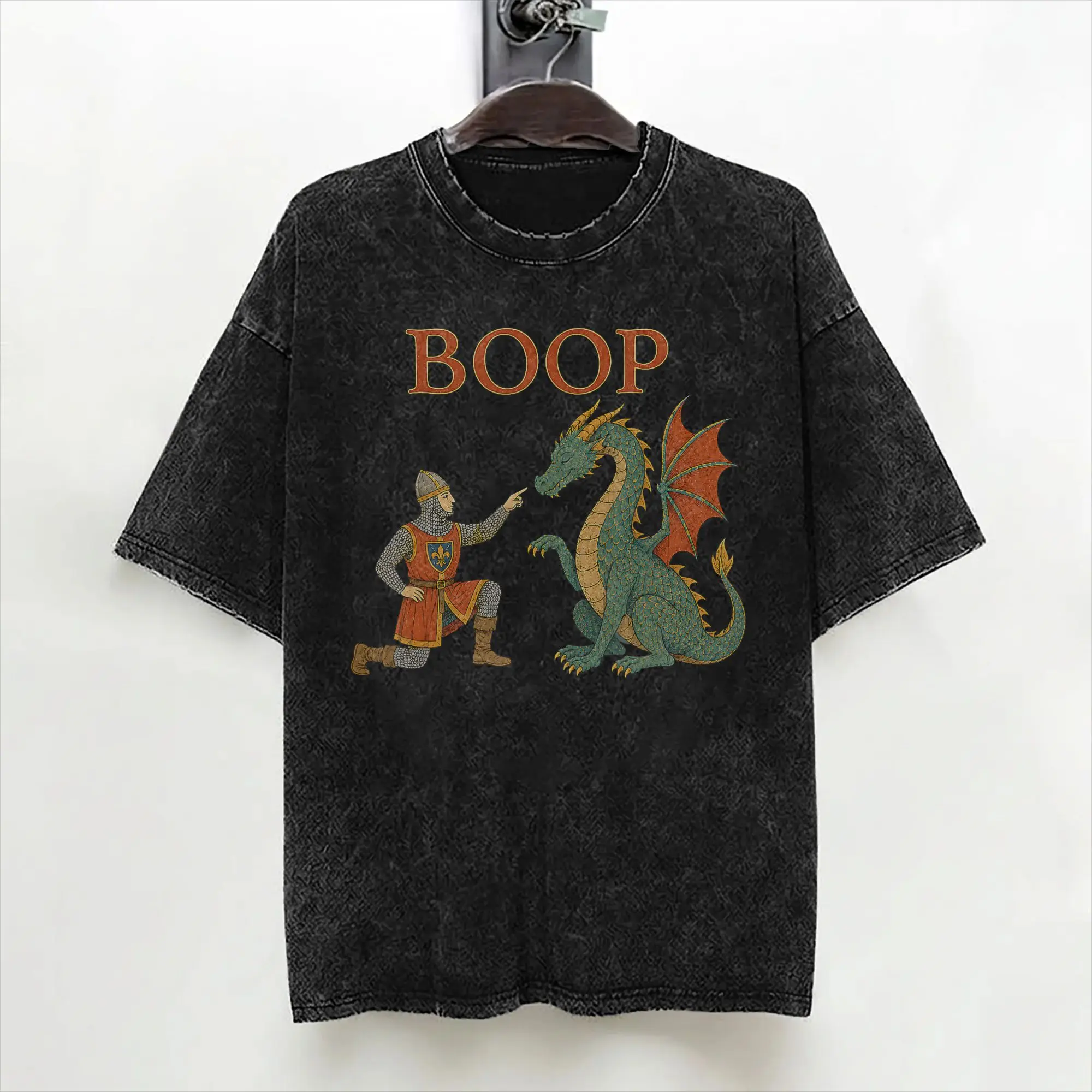 Le Boop Medieval Knight Dragon T Shirt Washed 100% Cotton Harajuku T-Shirt  Retro Men Women Streetwear Graphic Printed Tee Shirt