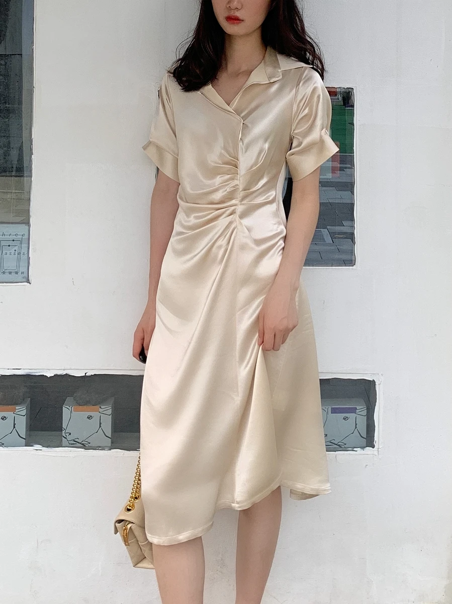 

Silky Tee-acetate Satin Drapey Waist-cinching Long Dr Slimming Ele Midi Dr Commute Sle High Waist ort Sve