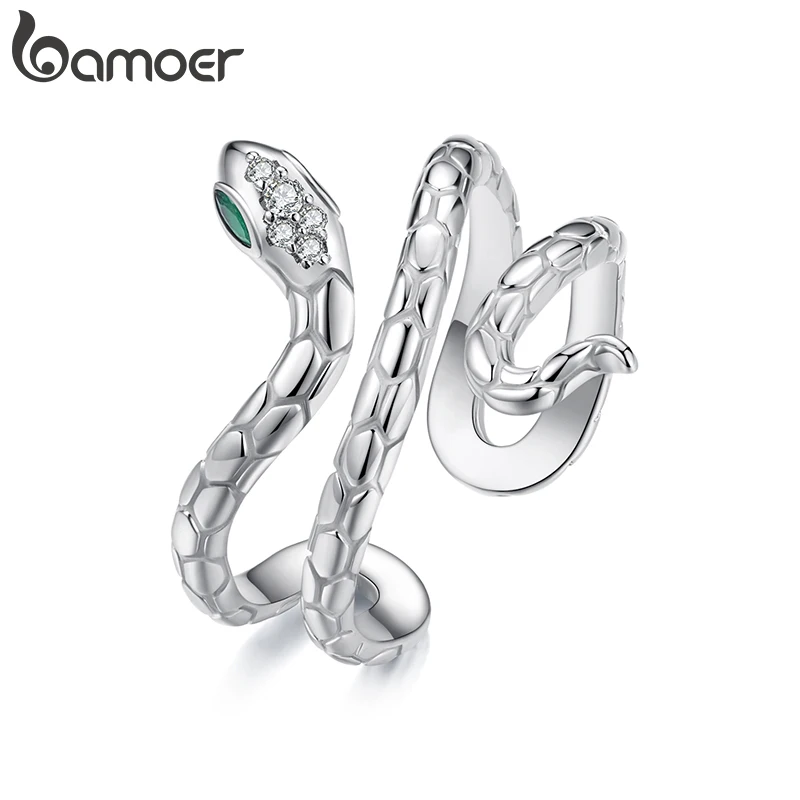 BAMOER White Gold Plated Snake Ring with Emerald CZ Eye, Adjustable Statement Ring for Women Unique Snake Design Jewelry YIR245