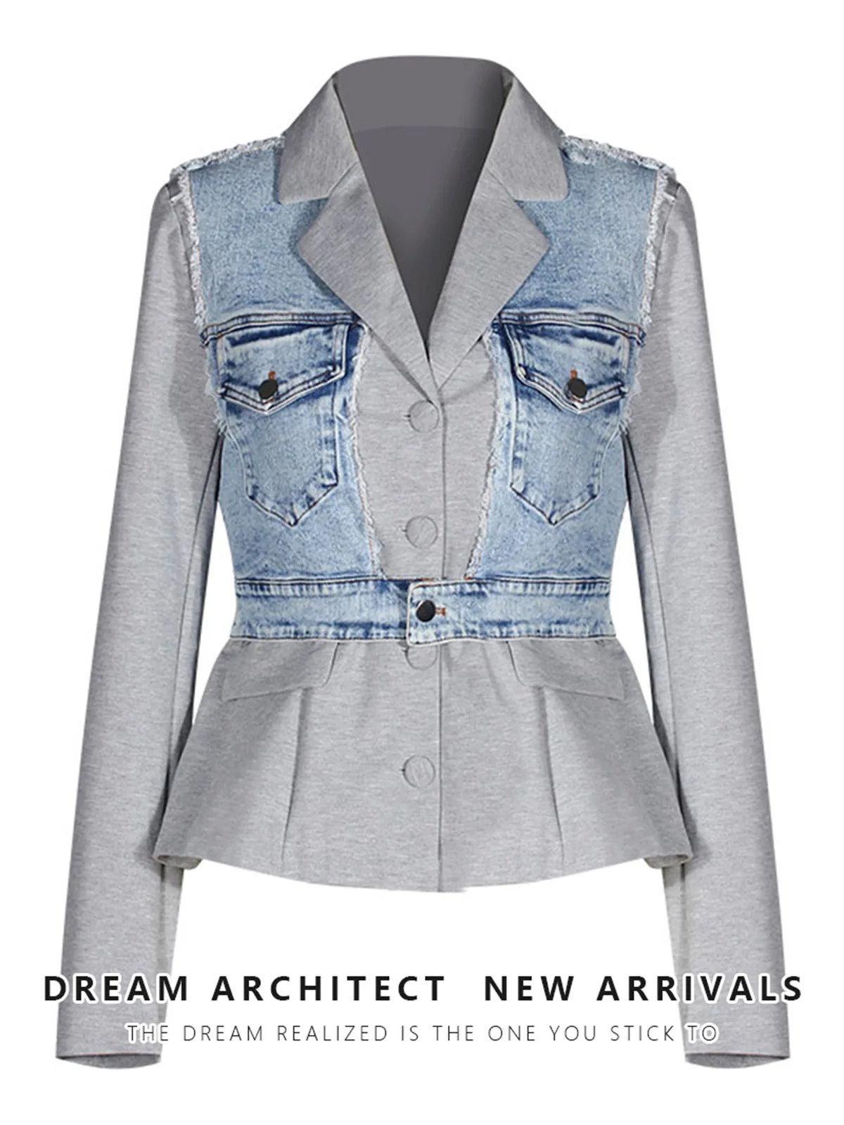 Autumn Winter Loose Fit Waist Cinched Denim Patchwork Jacket Women's Casual Long Sleeve  Collar Single Button Closure Coat