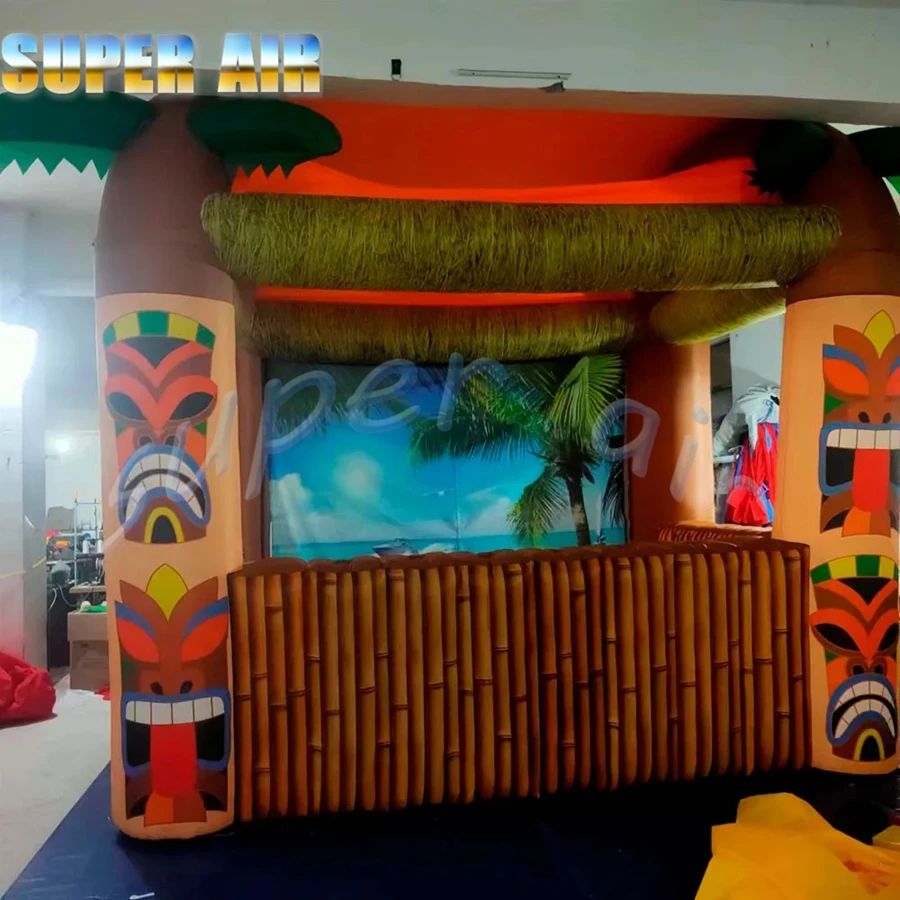 Venta al por mayor de barra tiki inflable al aire libre de 4mLX3.5mH con palmera, barras de servicio de pub para beber portátiles para fiesta en la playa de verano