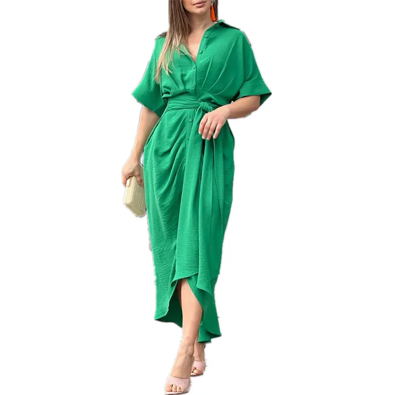 

Lady Long Dresses Fashion Commuting Shirtdresses Solid Color Casual Elegant Dress for Women New Summer Office Dresses