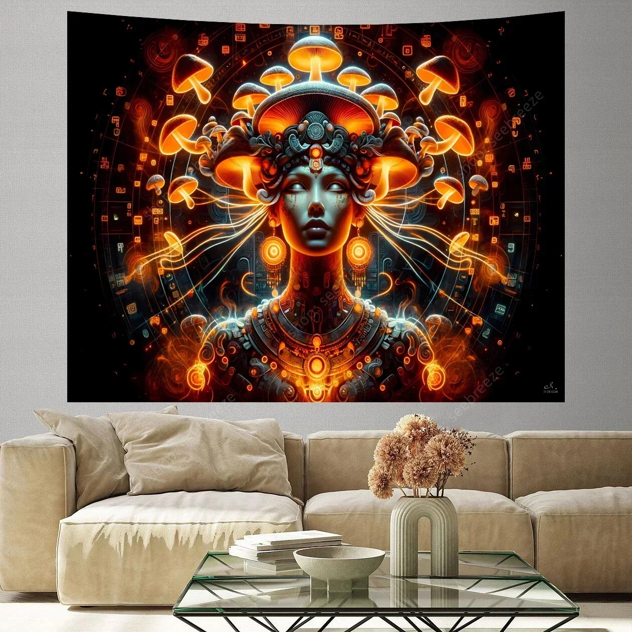 Psychedelic Flower Goddess Tara Tapestry Boho Wall Hanging, Cloud Based Wonderland Background, for Room Decor Aesthetic Yoga Mat