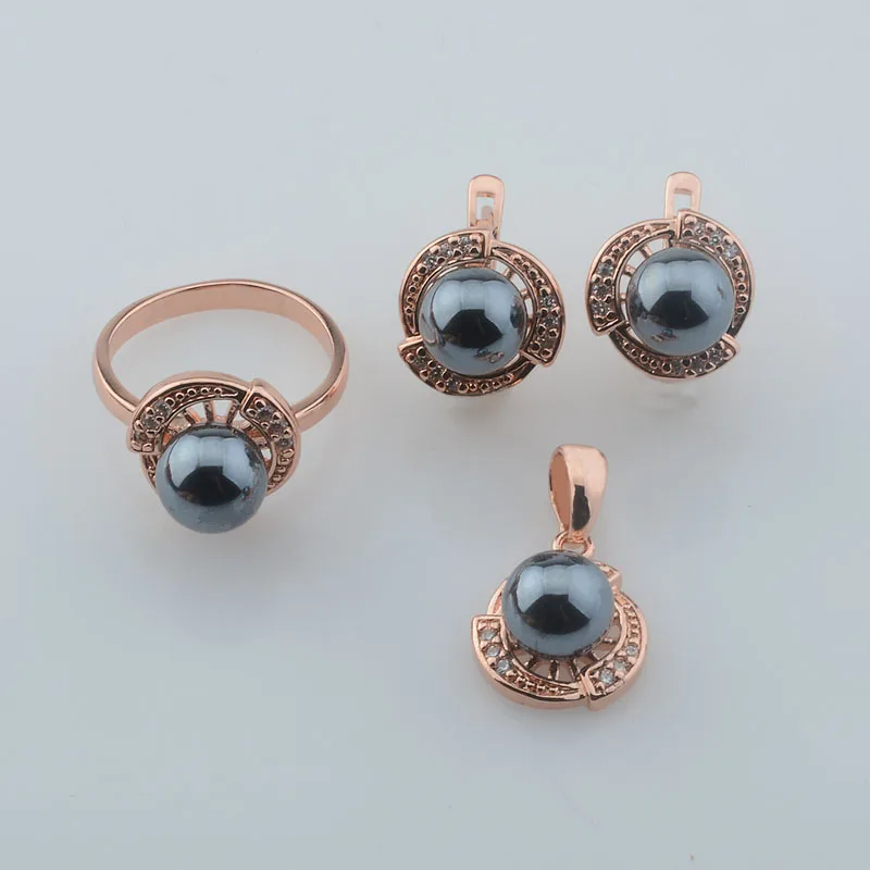 FJ Women 585 Rose Gold Color Black Simulated Pearl Pendant Earrings Rings Set Jewelry