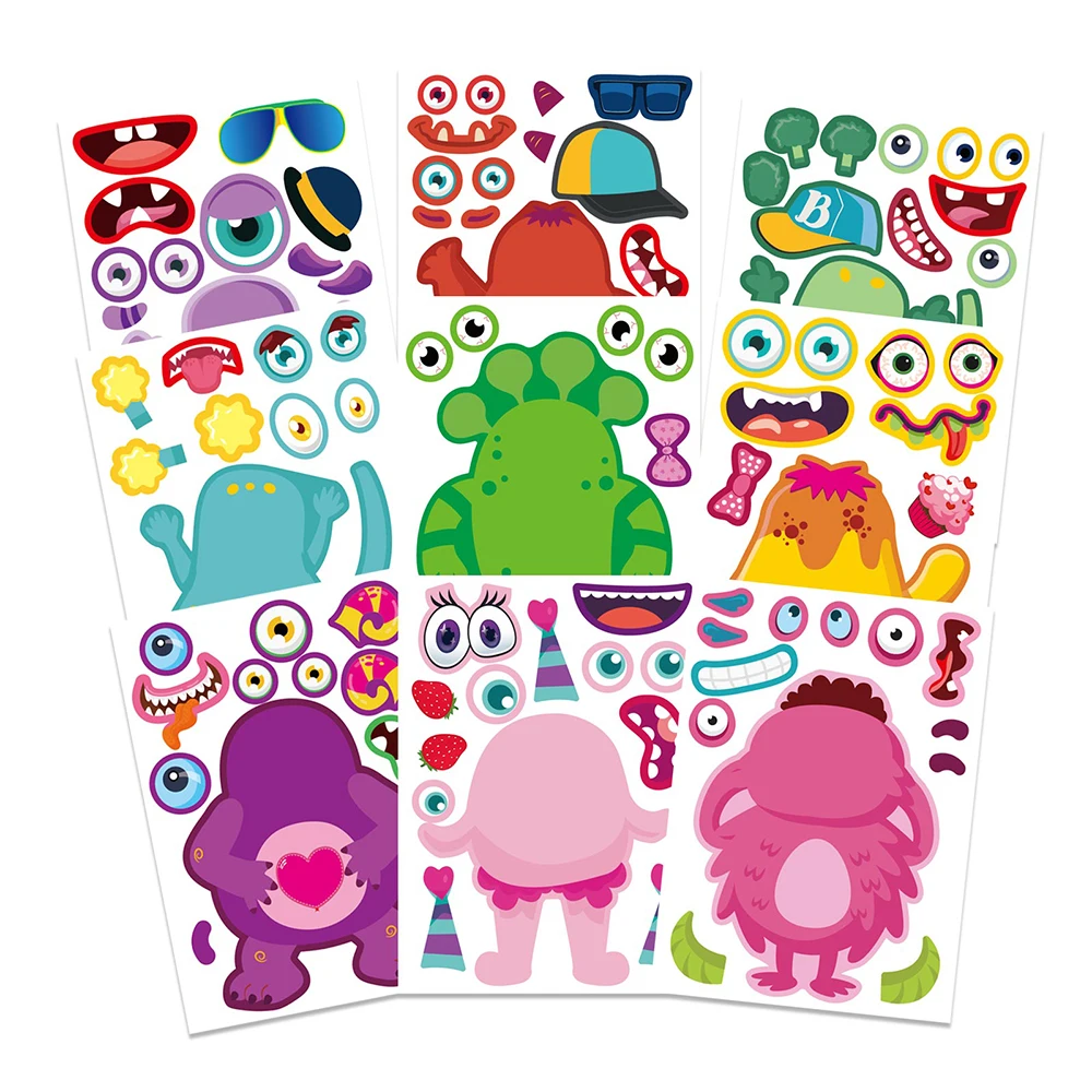 9/18Sheets Children DIY Monster Puzzle Stickers Game Make a Face Funny Assemble Jigsaw Kids Educational Toys Theme Party Gifts