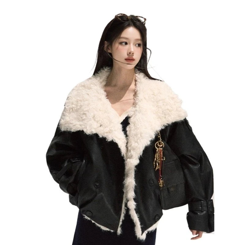 

Одна ночь, дерево османтуса «2026, искусственный мех, имитирующий маленький мех ягненка», короткая куртка, женская утолщенная куртка с лацканами, осень-зима