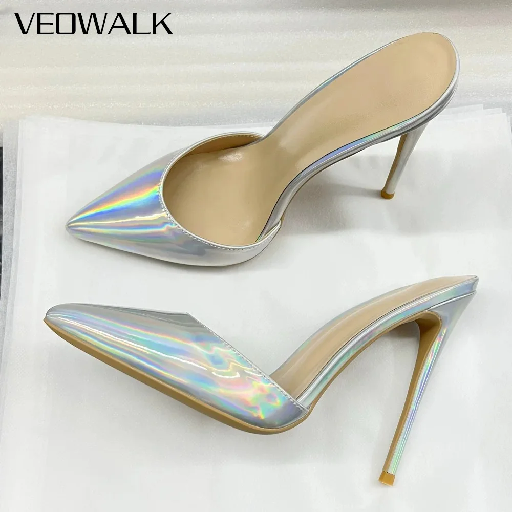 

New Sexy 12cm 10cm High Heels Women's Summer fashion laser Silver Slippers Pointed Toed Dress Dating Party Sandals Plus Size 46