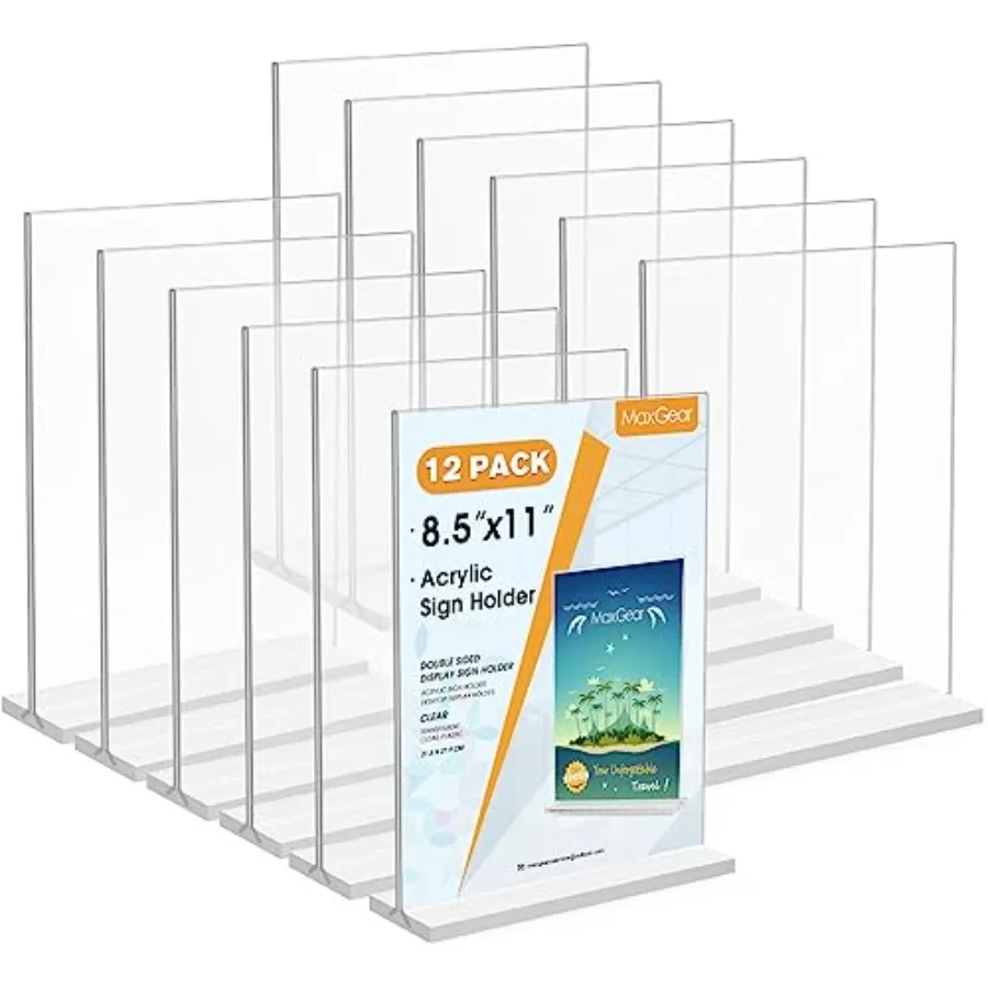 

Держатель для акриловых табличек 8,5x11 дюймов, 12 шт., прозрачная настольная подставка для меню, пластиковый держатель для документов, двусторонняя Т-образная рамка для табличек