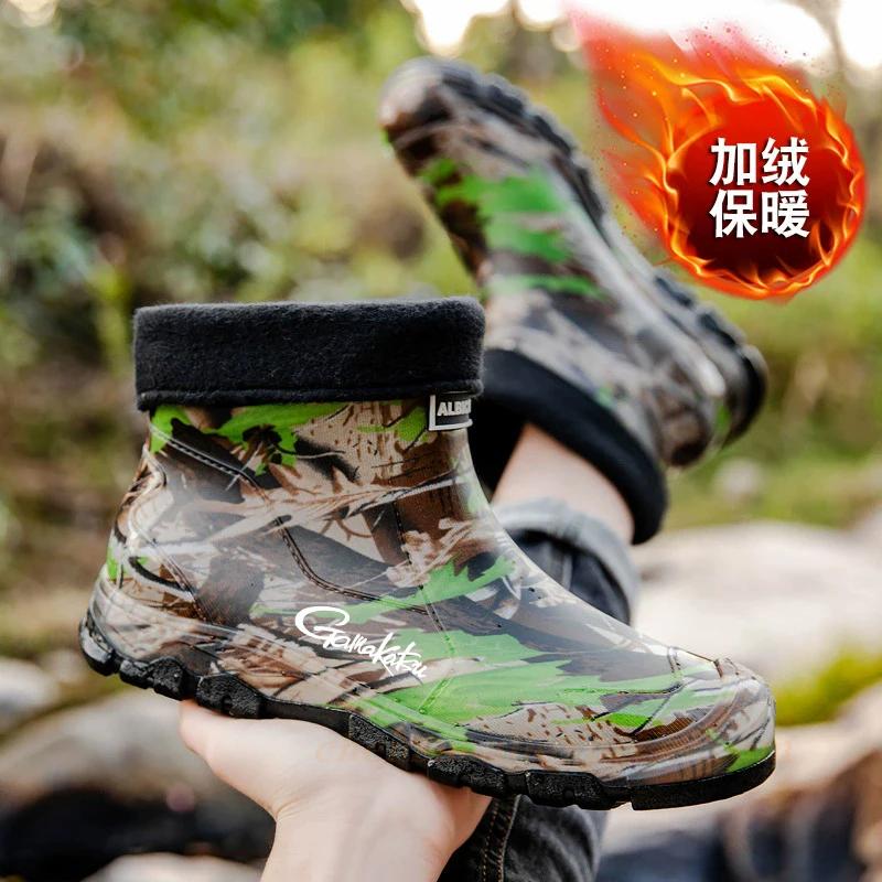 Gamakatsu Camouflage Low Top Big Size Waterproof Man Shoes Warm Fleece-lined Rain Boots Men Fishing 2025 Garden Gumboots