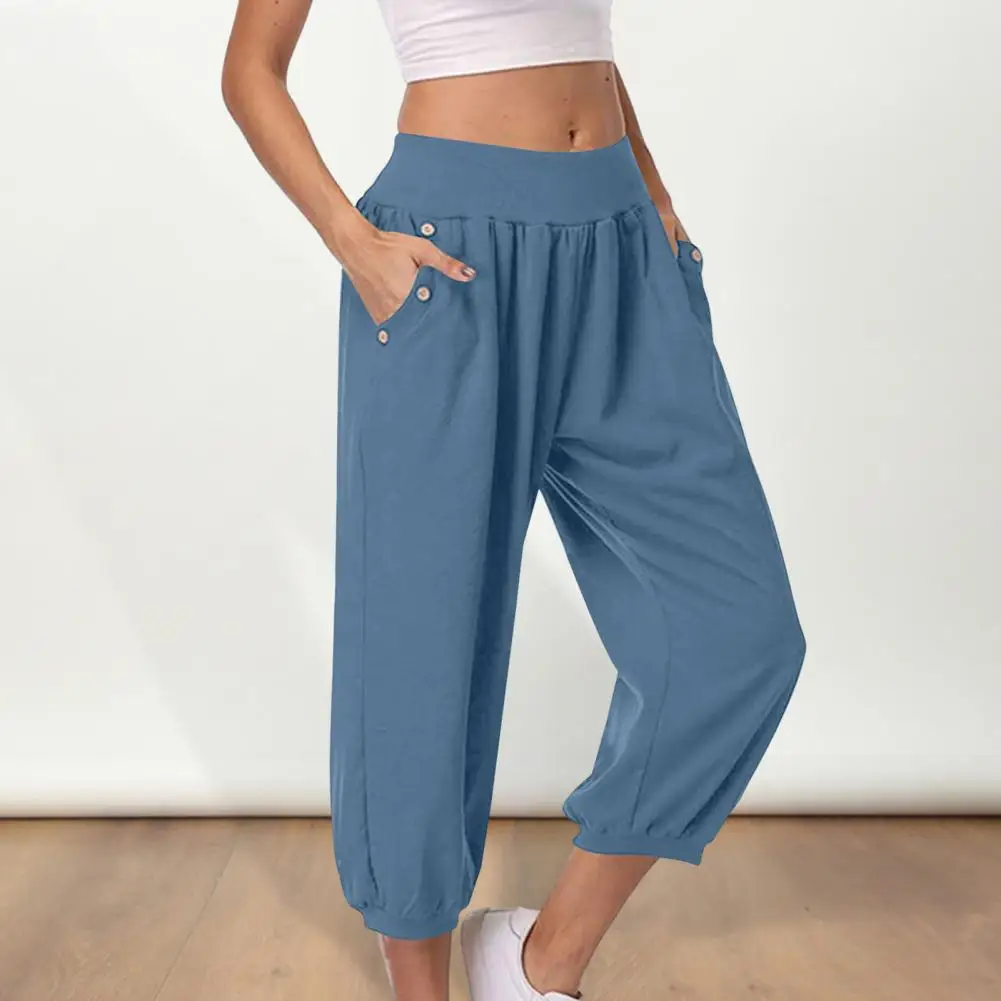 

Flattering Leg Shape Pants Stylish Women's Harem Pants with Elastic High Waist Button Decor Pockets Loose Fit Design for Casual