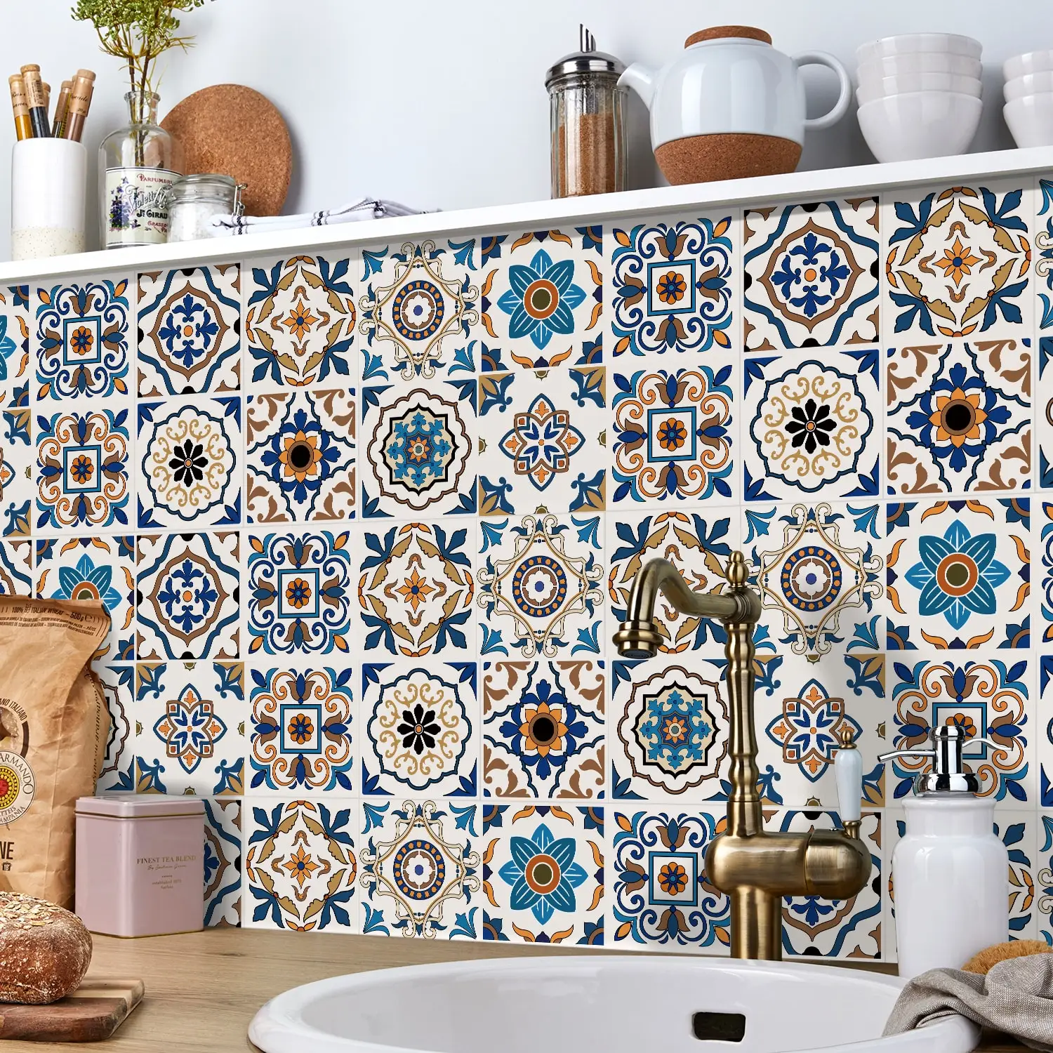

48 pieces of floral brick wall stickers in blue brown exotic mandala pattern for kitchen and bathroom decoration