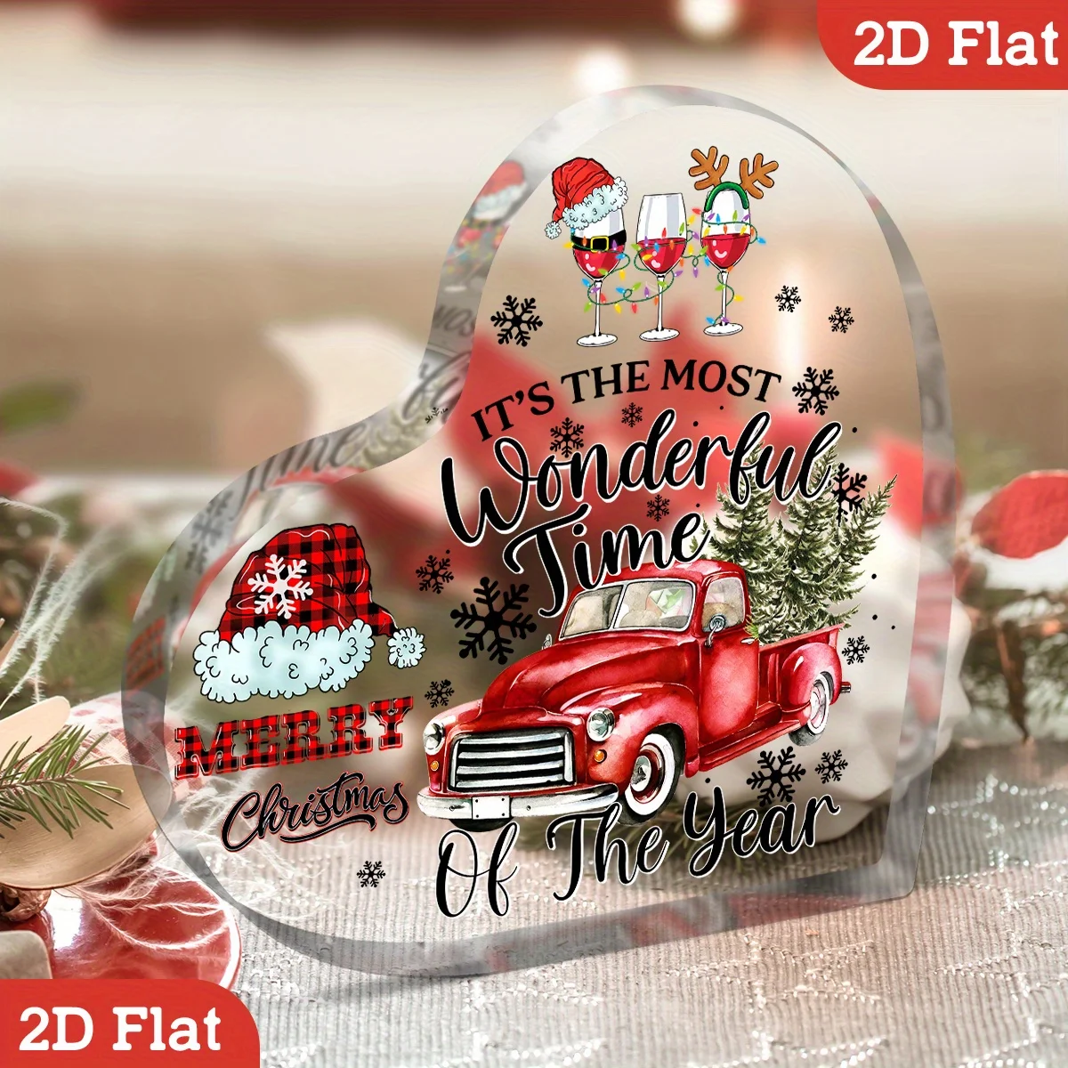 Farmhouse Xmas Heart Acrylic Sign, Wine Glass Santa Hat Snowflake Desktop Ornament,Vintage Red Pickup Heart Acrylic Keepsake Plaque, Holiday Tabletop Decoration