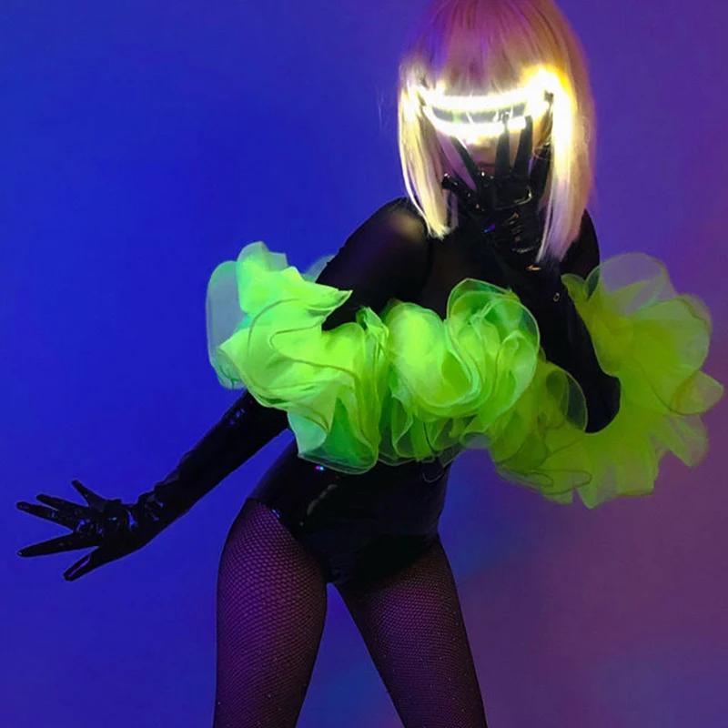 New Nightclub Gogo Dancing Costume Women Pu Leather Bodysuit Rave Outfit Fluorescent Green Lace Up Sexy Pole Dance Clothes