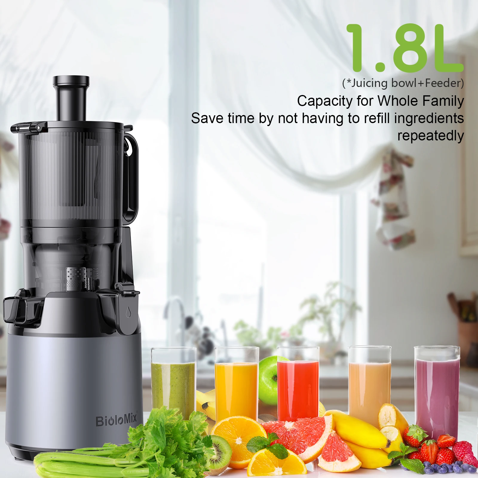 BioloMix-exprimidor de prensa en frío, con conducto de alimentación de 130mm, apto para frutas y verduras completas, alto rendimiento de jugo, exprimidor de masticulación lento sin BPA