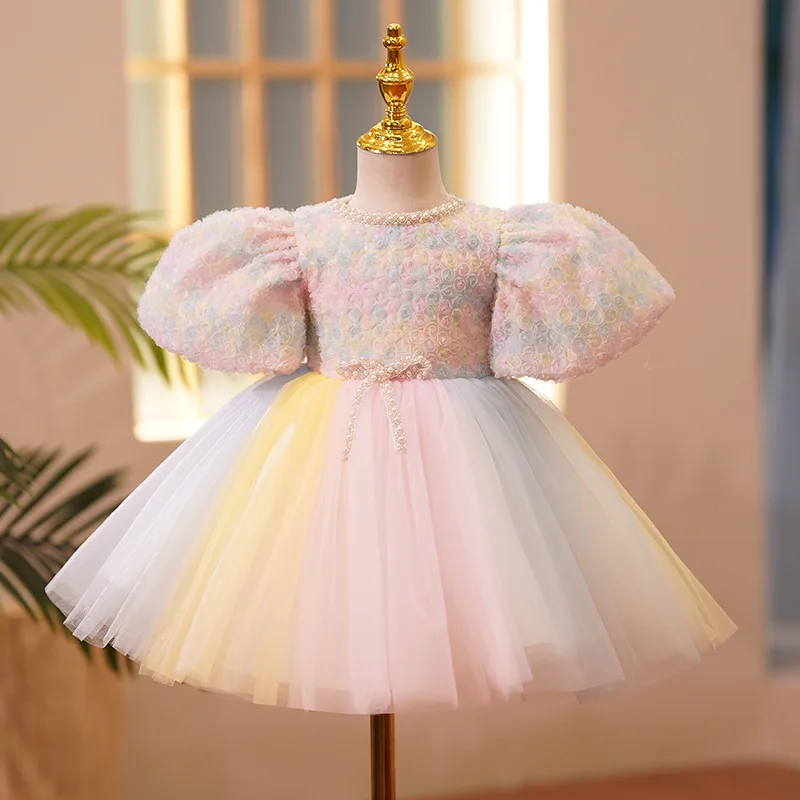 

Latest Rainbow Tulle Little Flowers Pearl O-Neck Children's Fancy Frock Baby Girl Fashion Design Kids Party Dresses