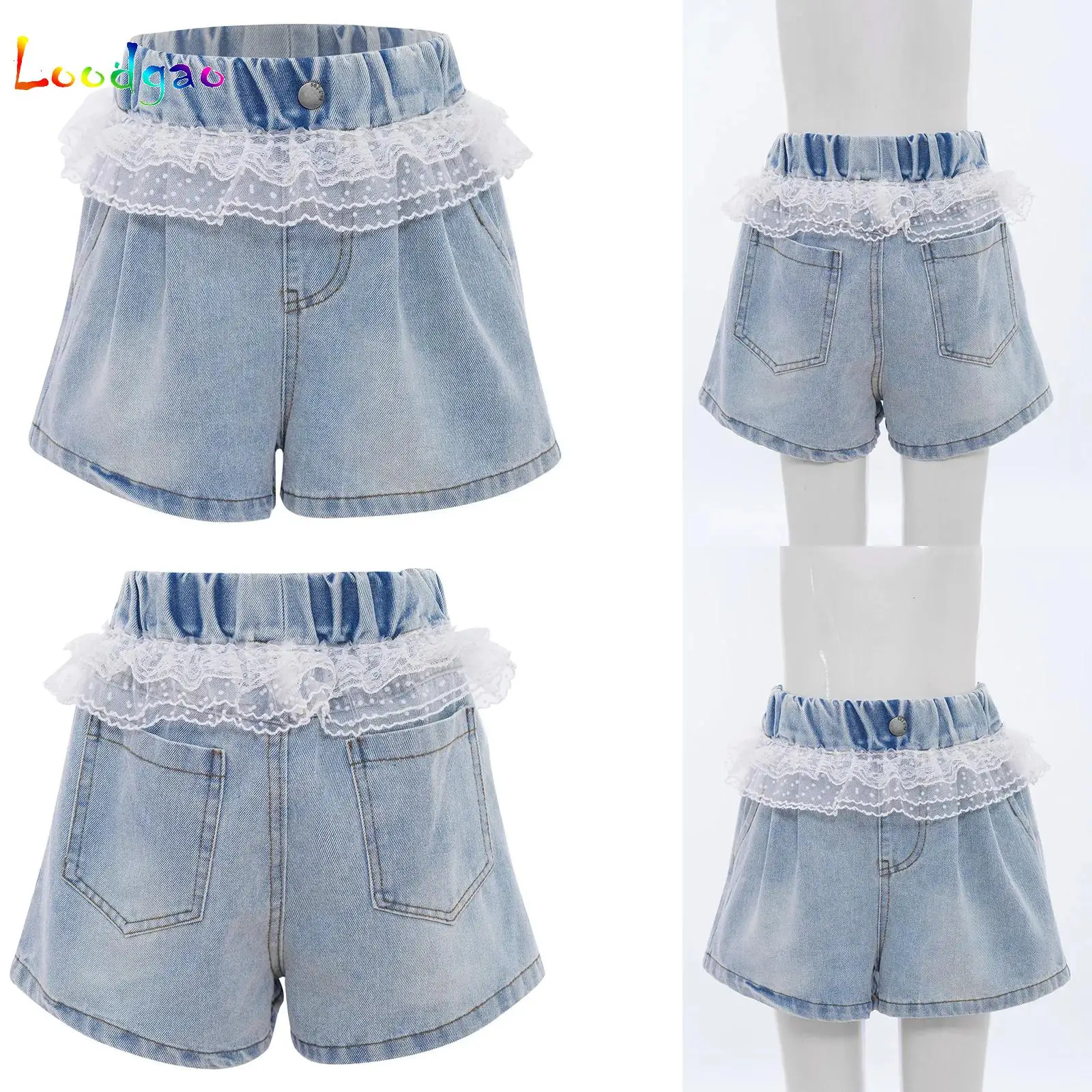 

Kids Girls Cute Lace Ruffles Jean Shorts Elastic Waistband Denim Shorts for Birthday Picnic Holiday Beach
