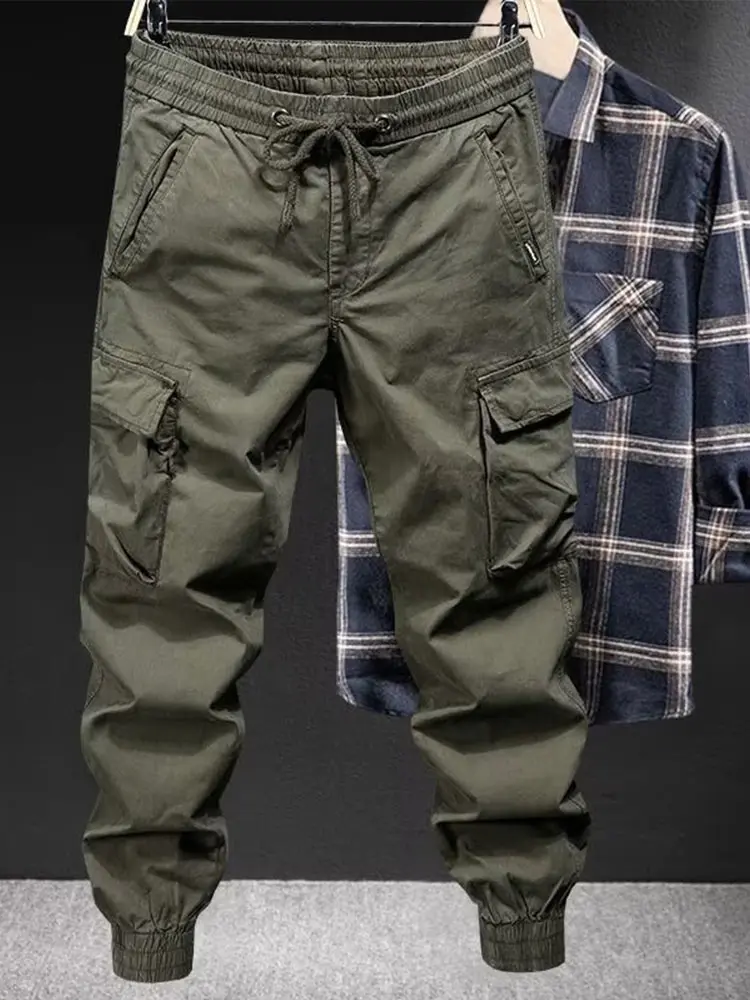 

Trendy Straight Cargo Pants Men's Loose Solid Breathable Trousers American Multi-pocket Waterproof Wear-resistant Train Overalls